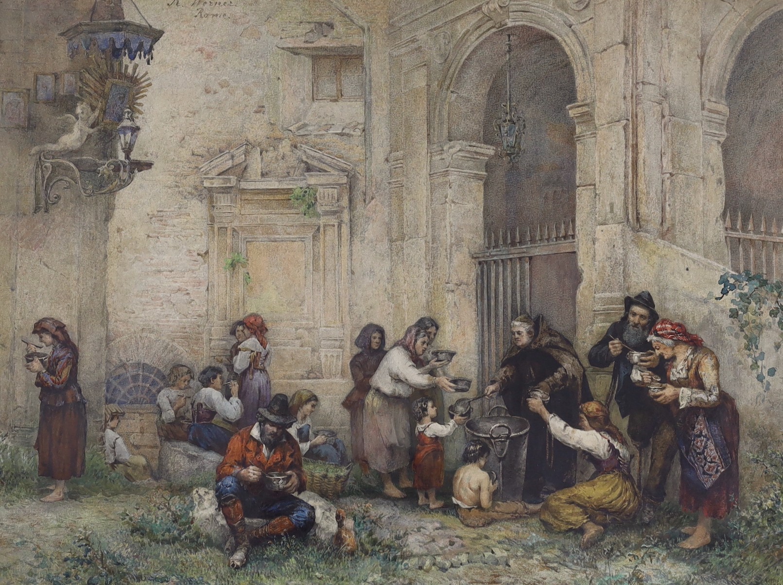 Rudolf G. Werner (1893-1957), watercolour, Supplicants outside a monastery, signed and inscribed Roma, 36 x 48cm